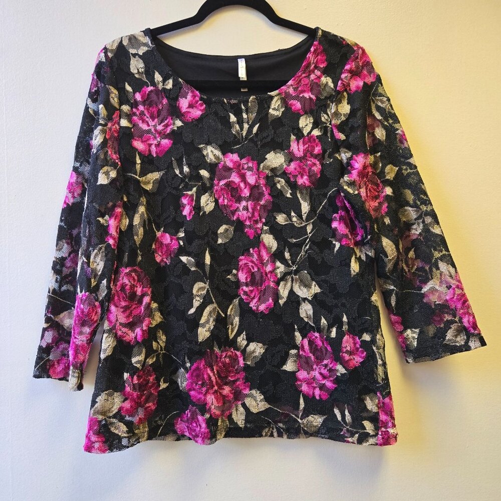 Women's Fairy Whimsigoth Y2K L Floral Lace Overlay Tunic‎ Top Black Pink